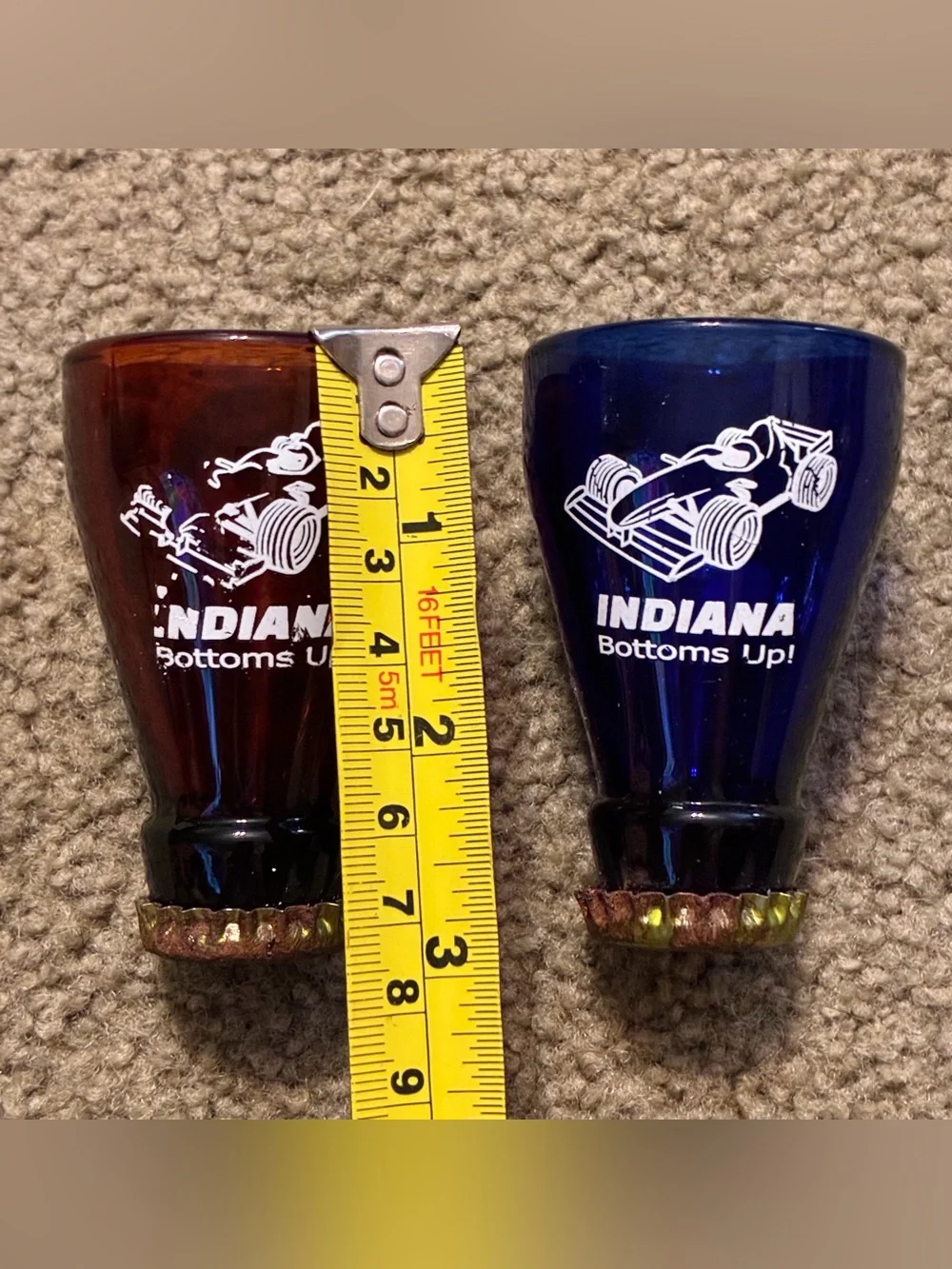 Bottoms Up Bottle Top Shot Glass - Blue & Amber Indianapolis Motor Speedway